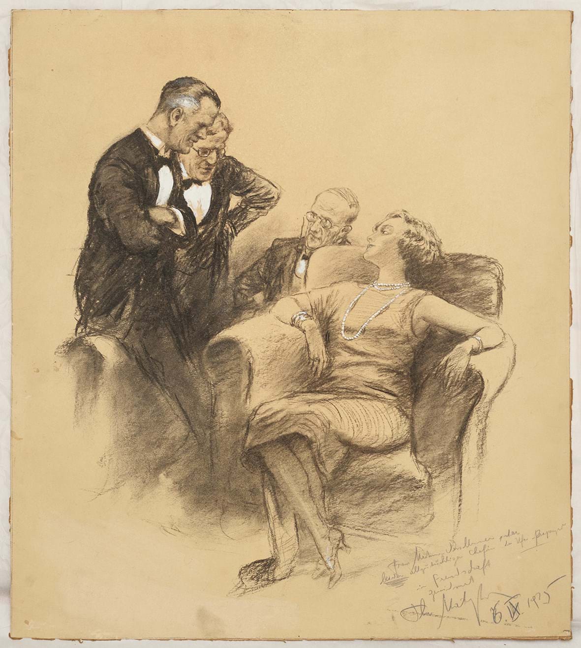 Theo Matejko: Sitzende Dame mit drei Herren, 1925, Kohle und Kreide auf Papier, 50 x 45 cm