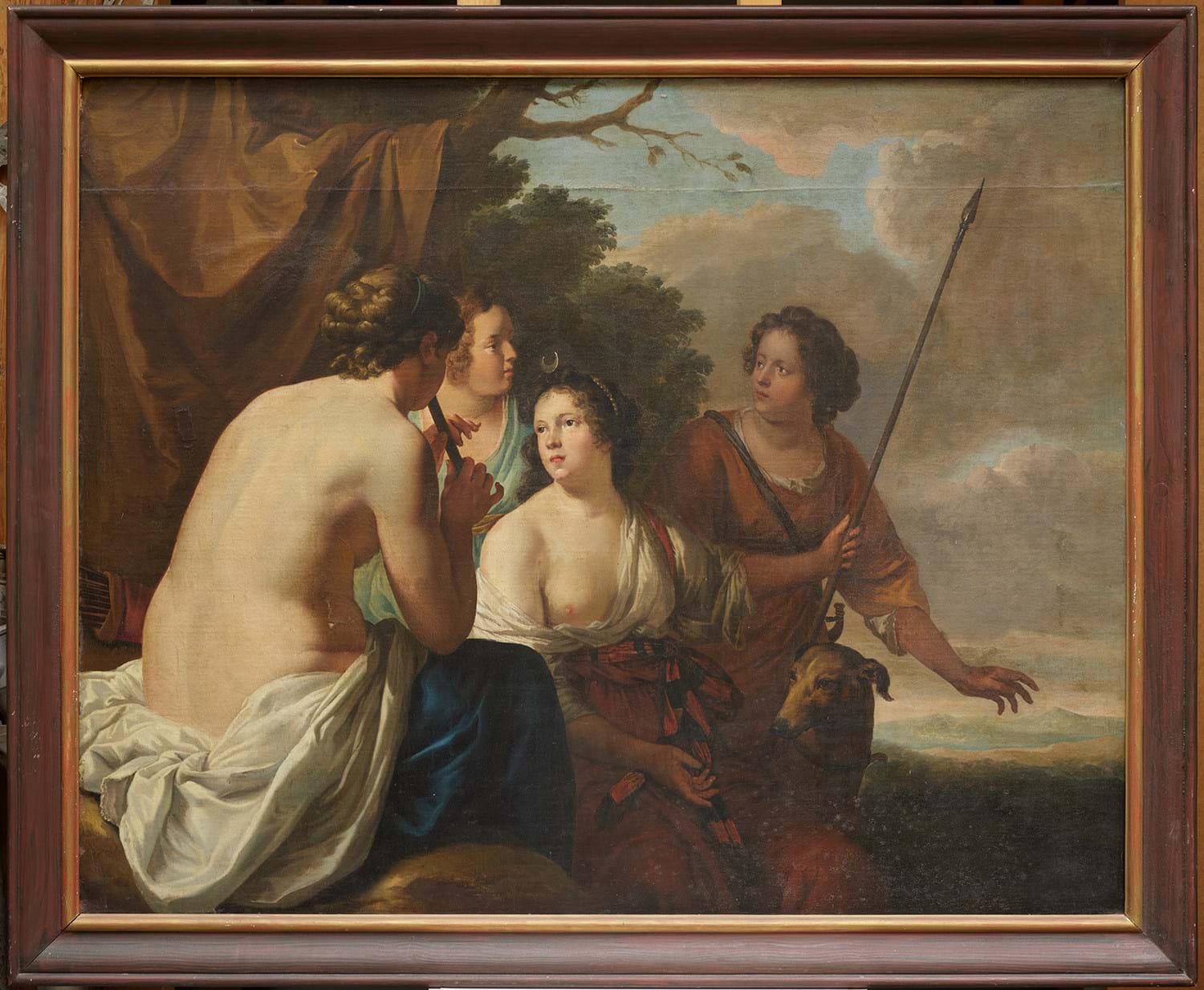 Unbekannt: Sitzende Diana mit ihren Gefährtinnen, 18. Jahrhundert?, Öl auf Leinwand, 117,5 x 146,5 cm