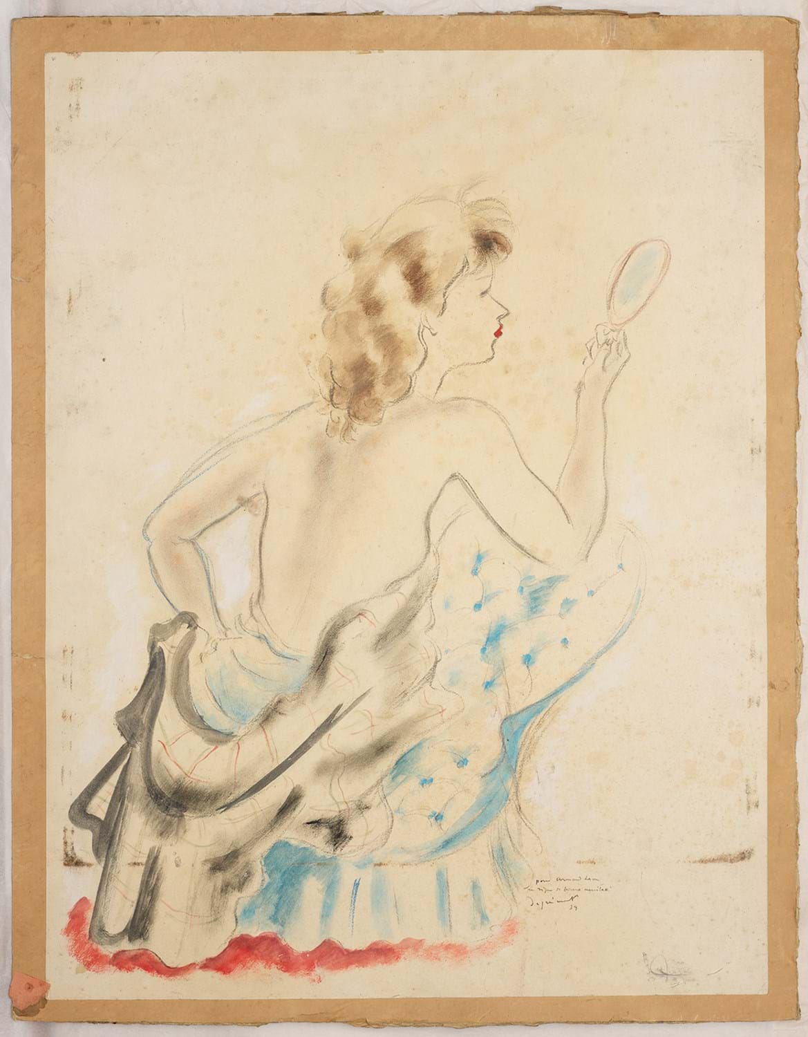 Unbekannt: Sitzende Dame bei der Toilette, 1939, Farbstift und Kohle auf Papier, 65 x 49,5 cm