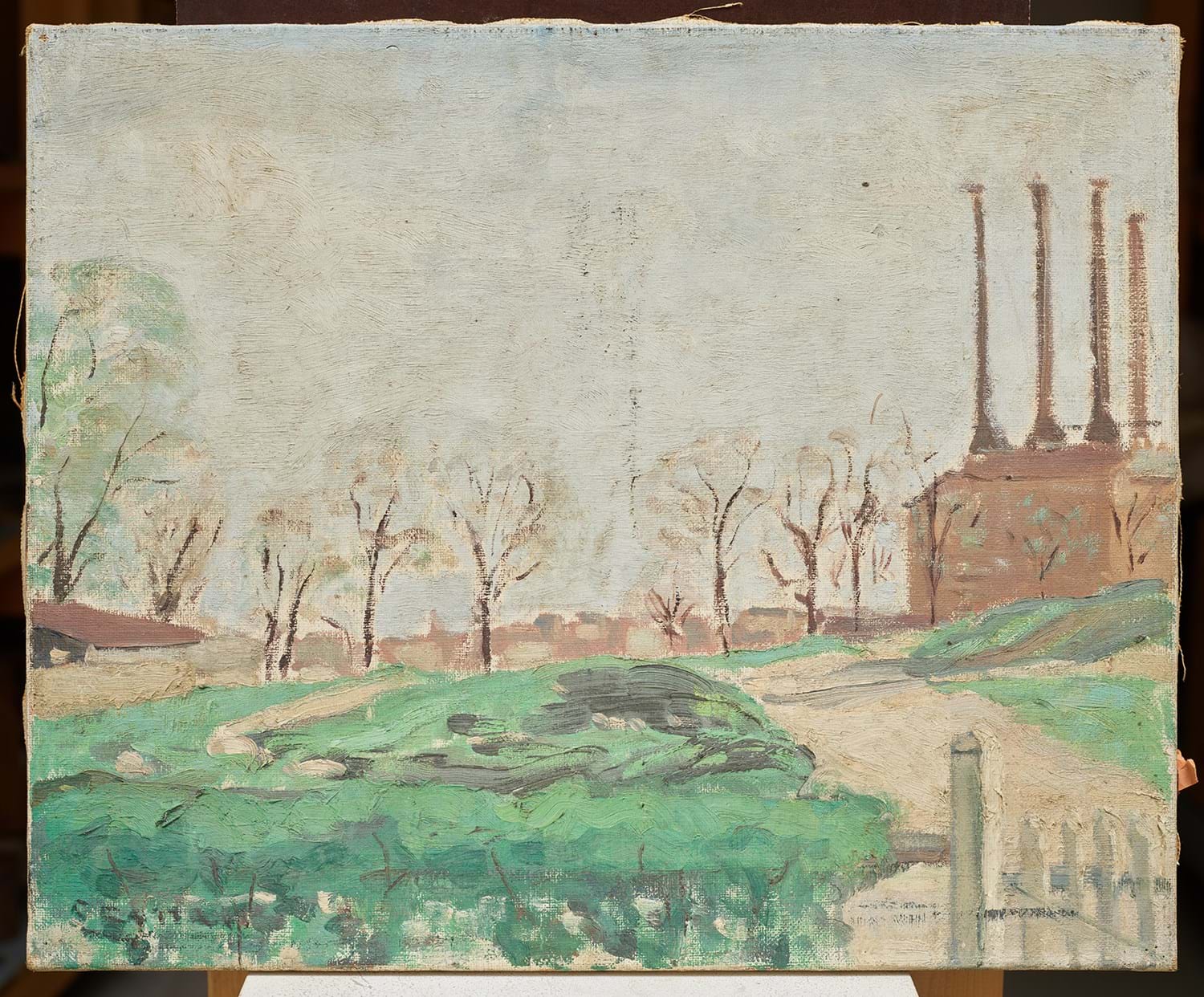 Unbekannt: Landschaft mit Fabrik, nach 1900, Öl auf Leinwand, 50,5 x 60 cm